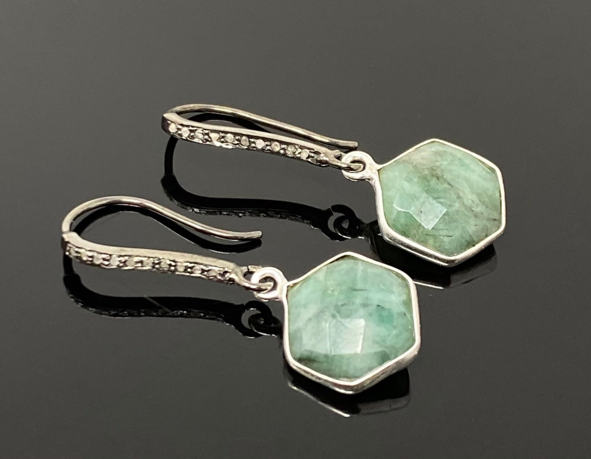Genuine Emerald Earrings, Pave Diamond Earrings, Sterling Silver Gemst - Adrasse Cosmetics
