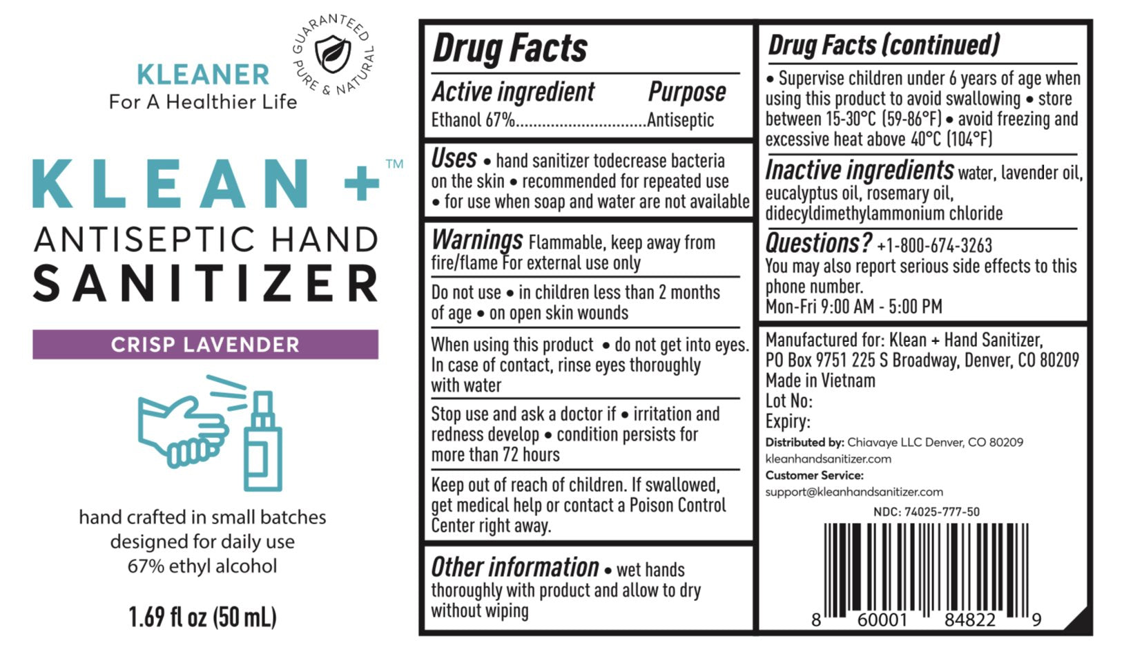 Klean + Hand Sanitizer Crisp Lavender 50ml (3Pack) - Adrasse Cosmetics