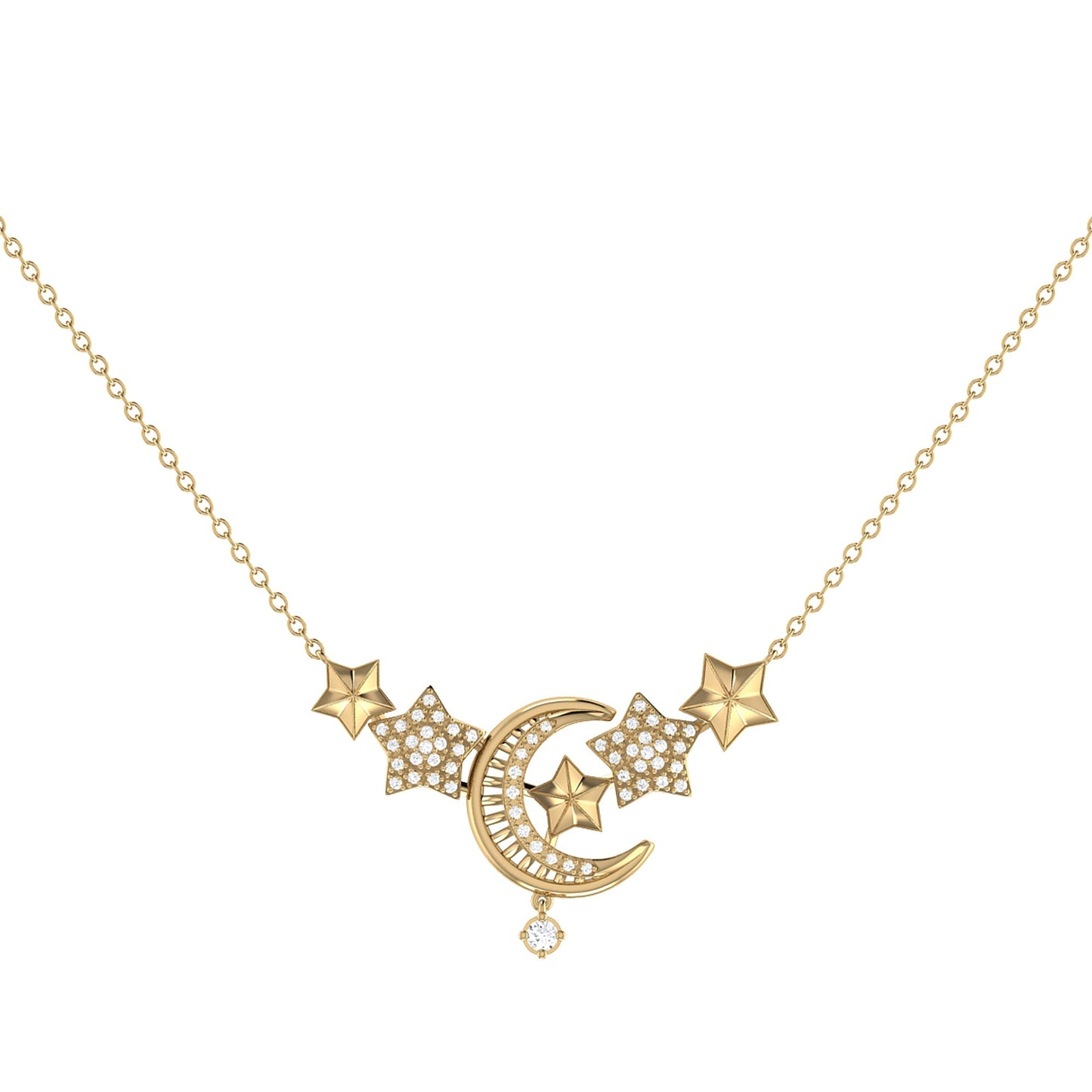 Star Cluster Moon Crescent Diamond Necklace in 14K Yellow Gold Vermeil - Adrasse Cosmetics